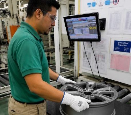 A factory worker inspects a car wheel while looking at a monitor displaying data in a manufacturing facility.