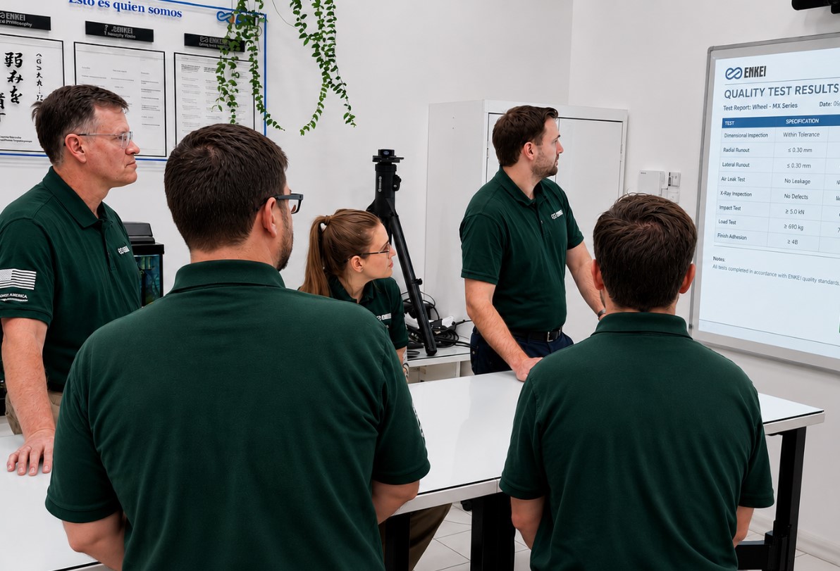A group of five professionals in green polo shirts are attentively observing a presentation displaying quality test results on a large screen in a workspace.